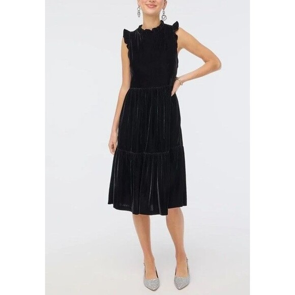 J Crew Sz 8 Black Velvet Tiered Midi Dress Ruffle Neck & Sleeve Stretch Pockets - Picture 2 of 13